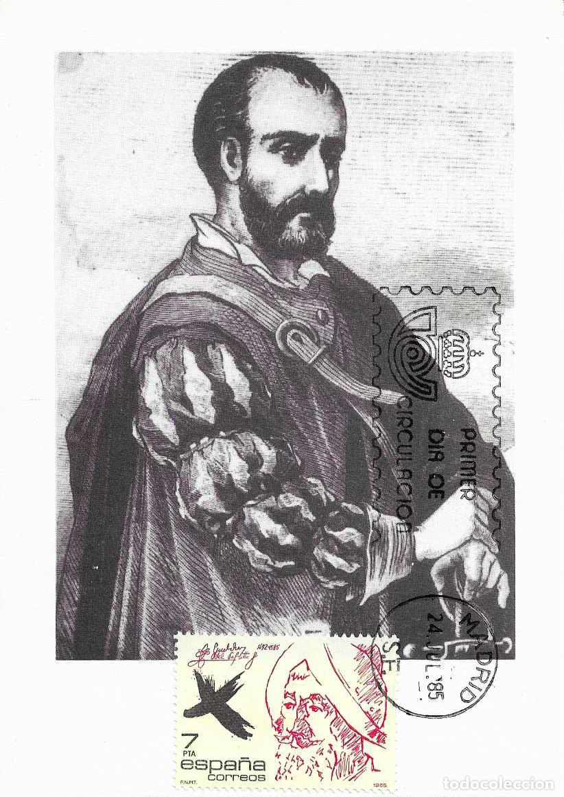 Sellos: BERNAL DIAZ DEL CASTILLO PERSONAJES 1985 (EDIFIL 2806) EN TARJETA MAXIMA PRIMER DIA MADRID