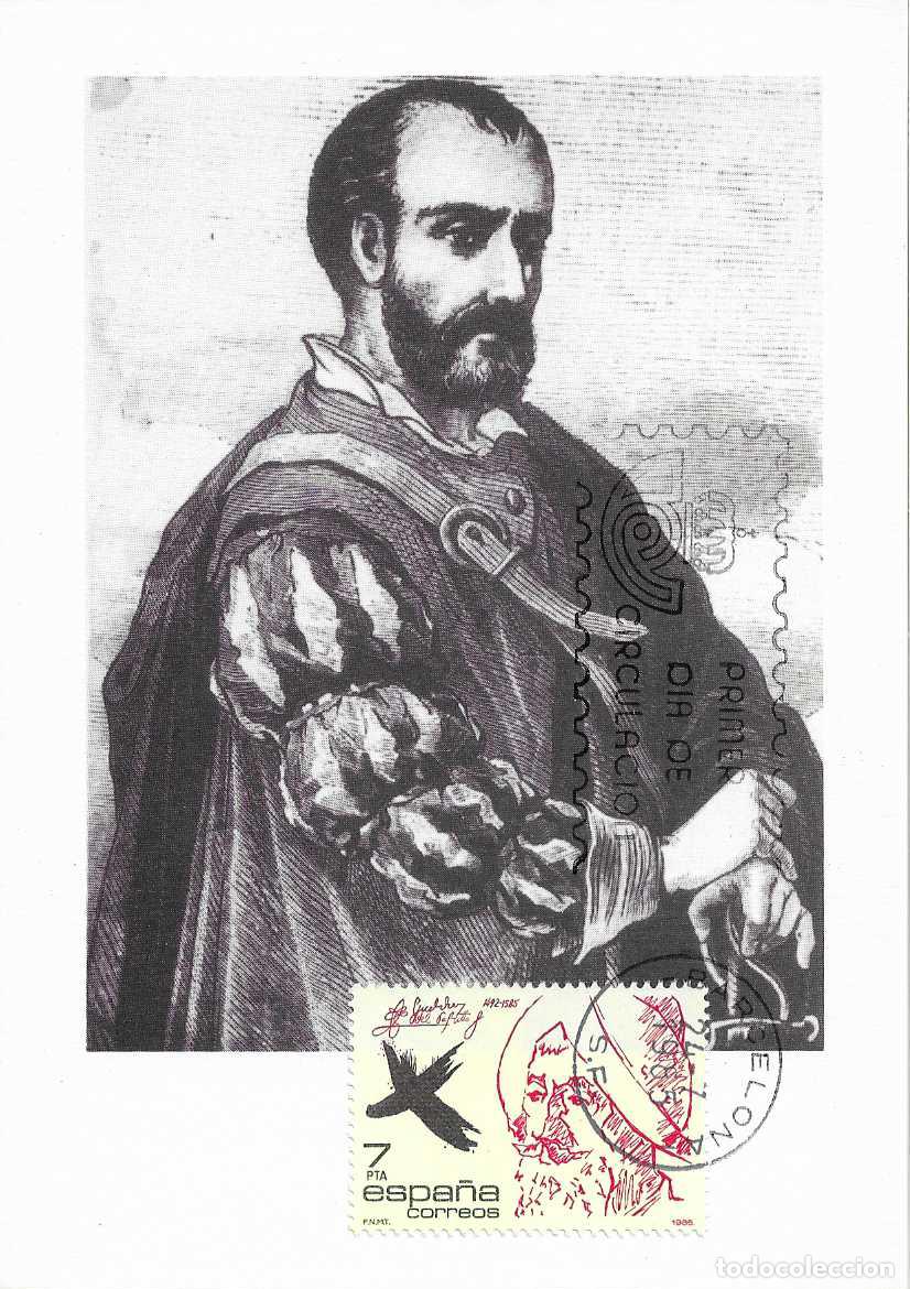Sellos: BERNAL DIAZ DEL CASTILLO PERSONAJES 1985 (EDIFIL 2806) EN TARJETA MAXIMA PRIMER DIA BARCELONA