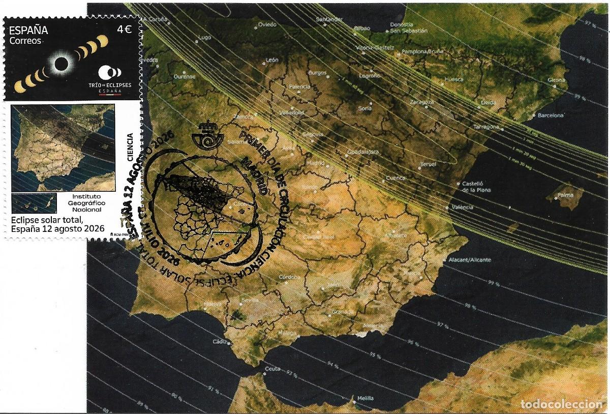 Sellos: ESPA&Ntilde;A. TARJETA MAXIMA PRIMER DIA. ECLIPSE SOLAR. 2026