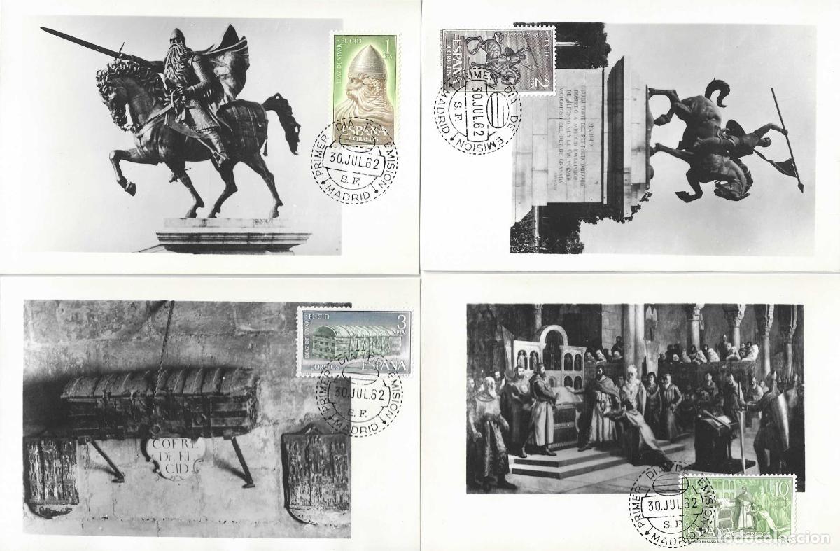 Sellos: EL CID RODRIGO DIAZ DE VIVAR 1962 (EDIFIL 1444/47) EN CUATRO TARJETAS MAXIMAS PRIMER DIA RARO MPM