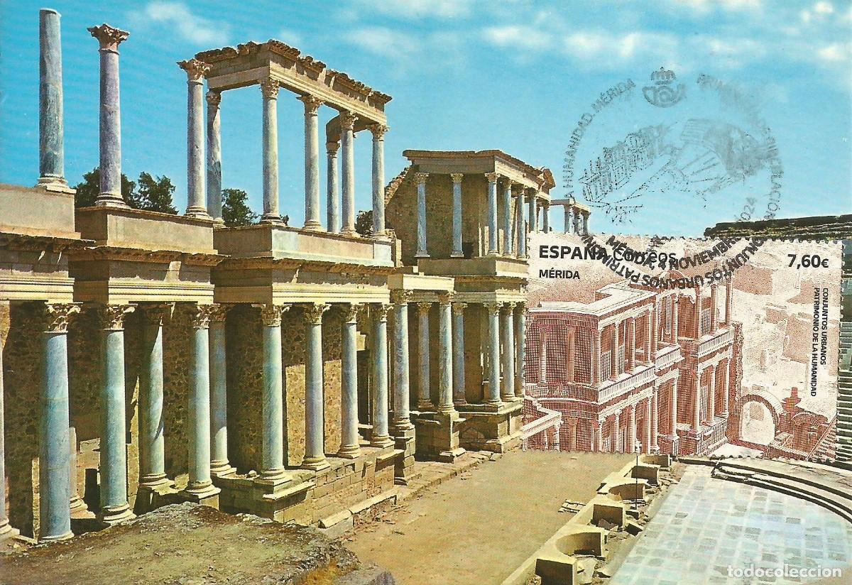 Sellos: Espa&ntilde;a Tarjeta M&aacute;xima 2024 Teatro Romano de M&eacute;rida. Matasello P.D.C. Patrimonio de la Humanidad