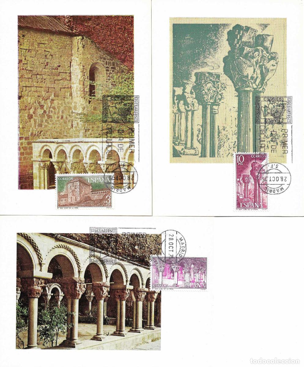 Sellos: MONASTERIO SAN JUAN DE LA PE&Ntilde;A HUESCA 1975 (EDIFIL 2297/99) EN TRES TARJETAS MAXIMAS PRIMER DIA MPM