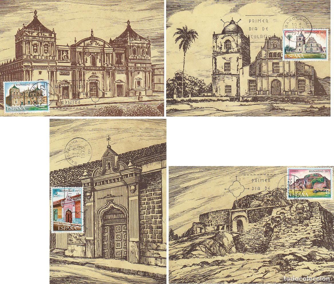 Sellos: EDIFIL 2154/7, HISPANODAD NICARAGUA, 4 TARJETAS MAXIMAS DE PRIMER DIA DE 12-10-1973, SERIE COMPLETA