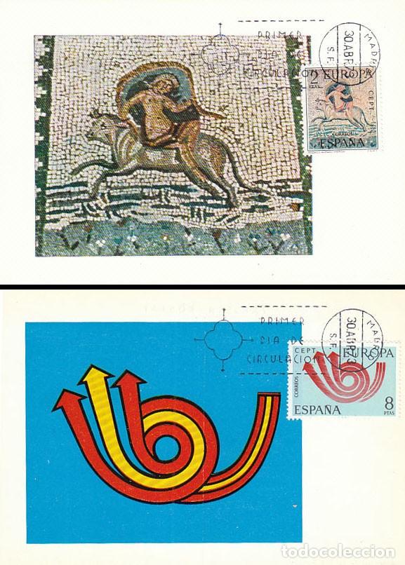 Sellos: EDIFIL 2125/6, EUROPA, 1973, RAPTO DE EUROPA MOSAICO ROMANO EN BADAJOZ, TARJETA MAXIMA DE 30-4-1973