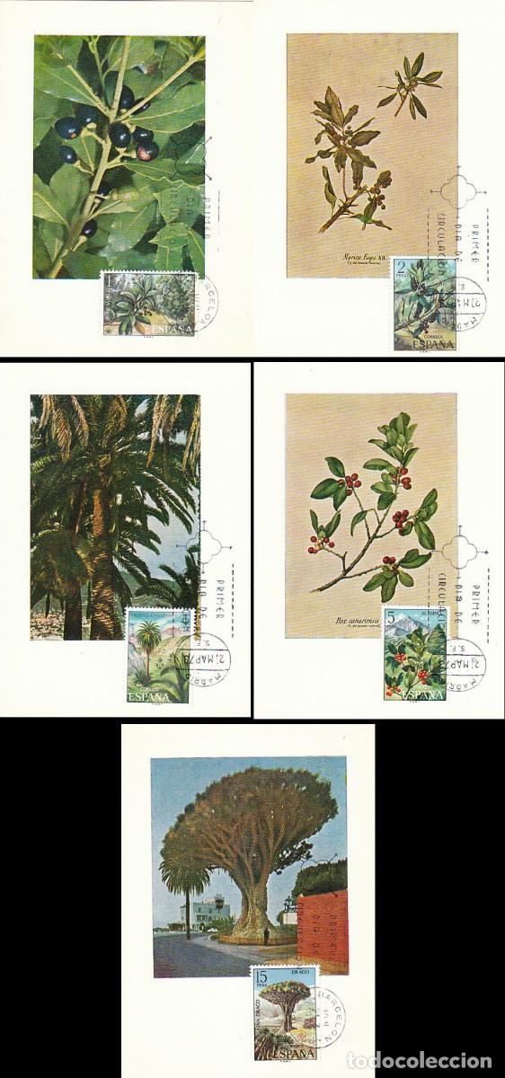 Sellos: EDIFIL 2120/4, FLORA HISPANICA 1973, FLORA DE CANARIAS, TARJETA MAXIMA DE PRIMER DIA 21-3-1973 SERIE