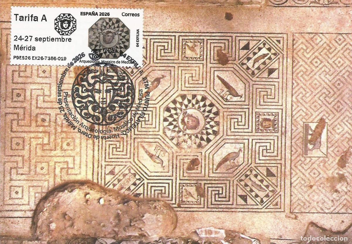 Sellos: Espa&ntilde;a Tarjeta M&aacute;xima 2026 Presentaci&oacute;n con Sello Atm Mosaico Medusa. EXFILNA 2026 M&eacute;rida