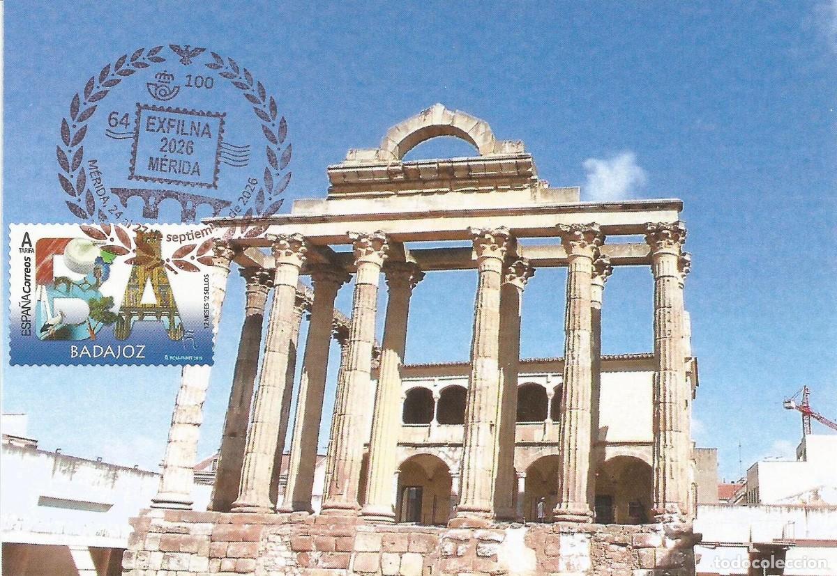 Sellos: TARJETA MAXIMA CON MATASELLO EXFILNA 2026 EN SELLO &ldquo;12 MESES 12 SELLOS&rdquo;. TEMPLO DE DIANA