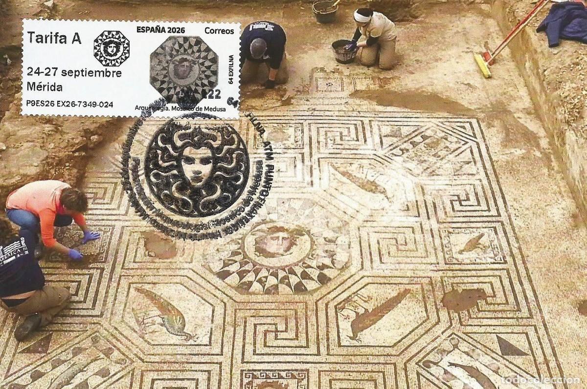 Sellos: Espa&ntilde;a Tarjeta M&aacute;xima 2026 Presentaci&oacute;n con Sello Atm Mosaico Medusa. EXFILNA 2026 M&eacute;rida