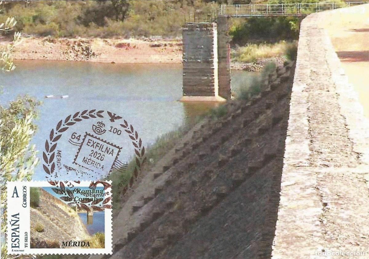 Sellos: TARJETA MAXIMA CON MATASELLO EXFILNA 2026 M&Eacute;RIDA, EN TU SELLO &ldquo;EMBALSE ROMANO DE CORNALVO&rdquo;