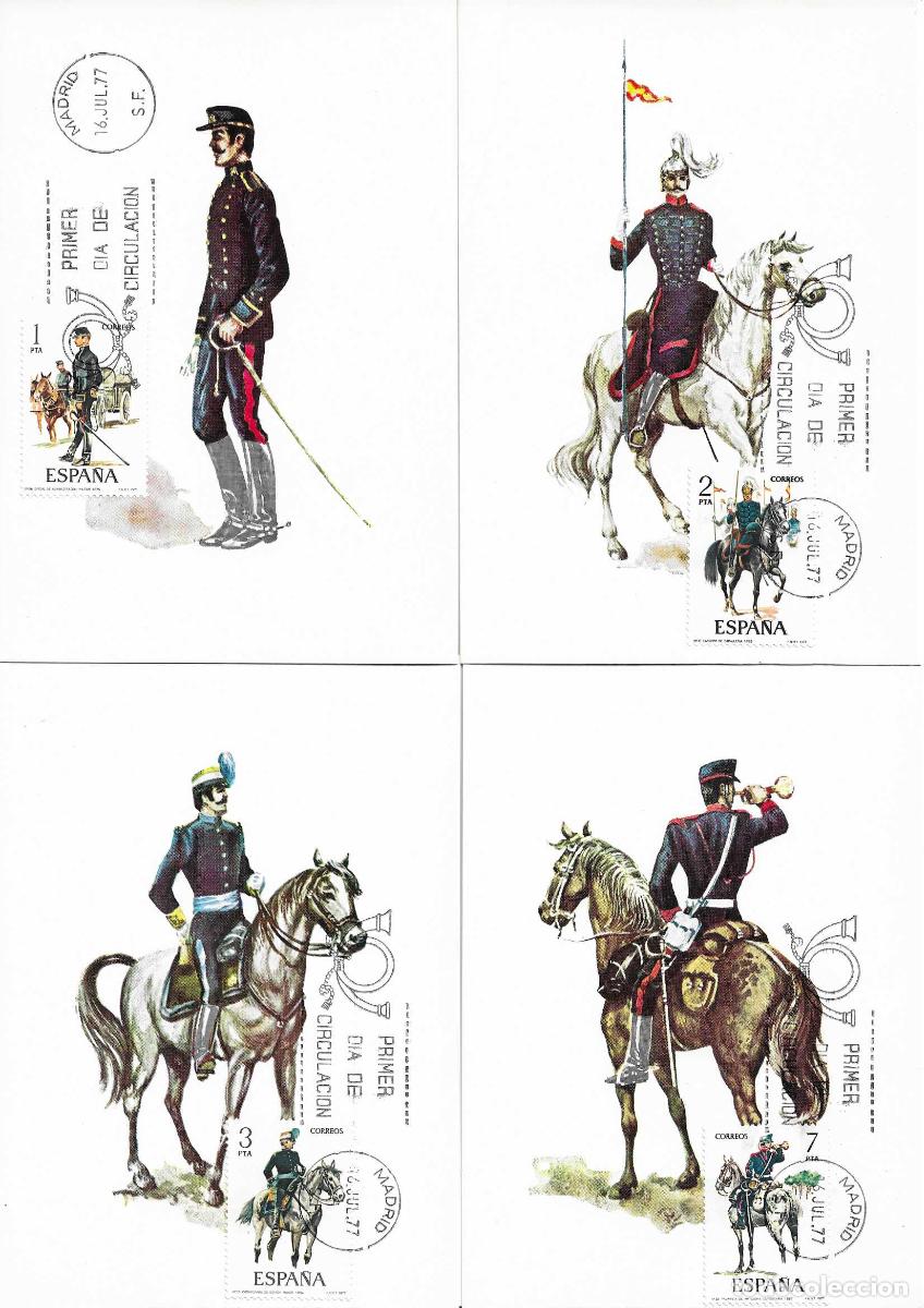 Sellos: UNIFORMES MILITARES VIII GRUPO 1977 (EDIFIL 2423/27) EN CINCO TARJETAS MAXIMAS PRIMER DIA MADRID MPM
