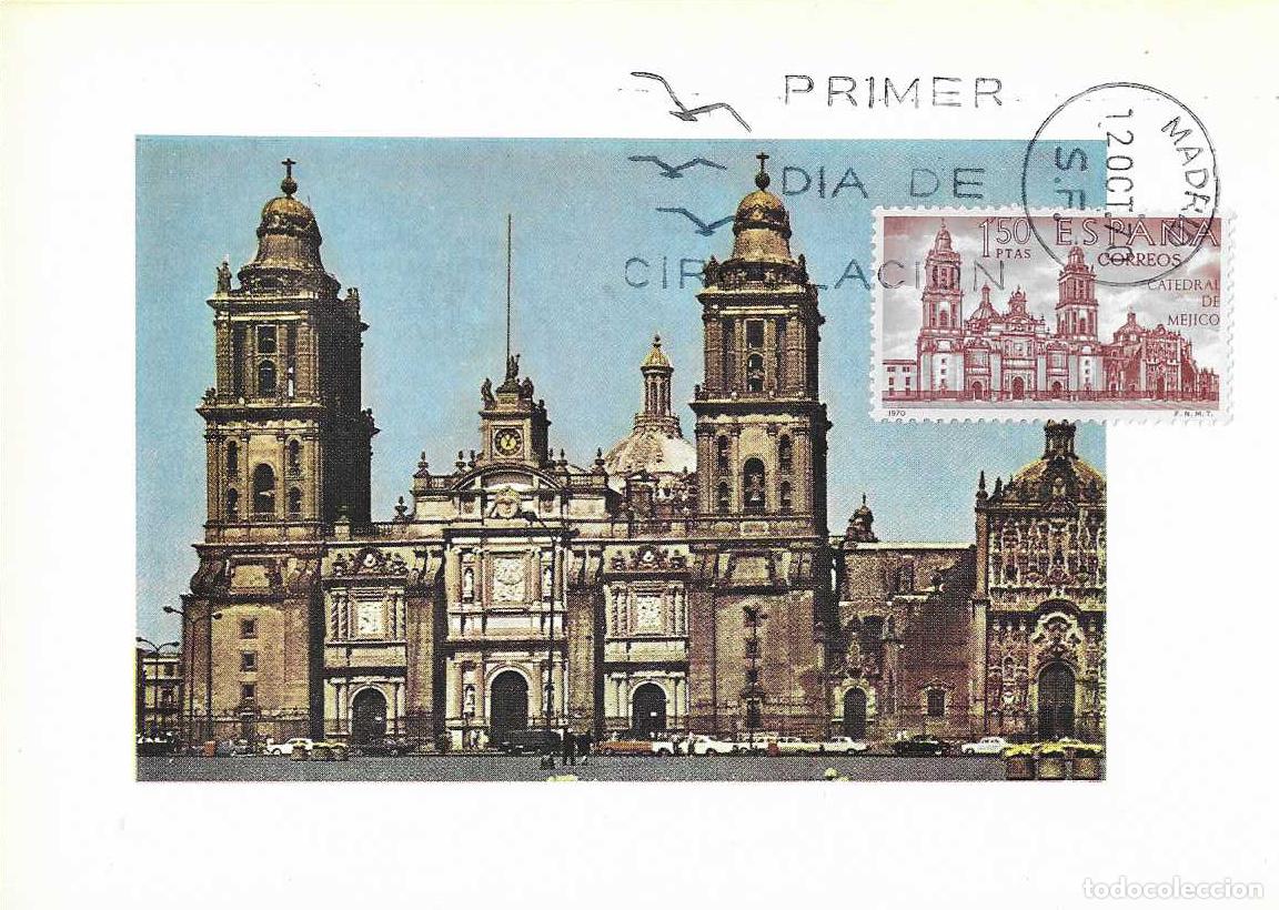 Sellos: CATEDRAL DE MEJICO FORJADORES DE AMERICA MEXICO 1970 (EDIFIL 1997) EN TARJETA MAXIMA PRIMER DIA MPM