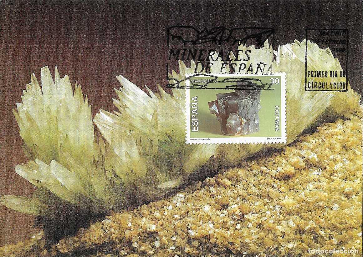 Sellos: ARAGONITO MINERALES DE ESPA&Ntilde;A 1995 (EDIFIL 3345) EN TARJETA MAXIMA PRIMER DIA MATASELLOS MADRID