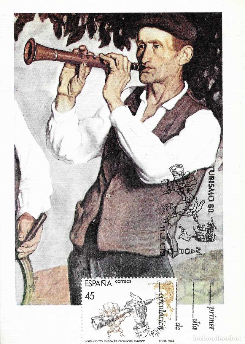 Sellos: DULZAINA INSTRUMENTOS MUSICALES TURISMO 1988 (EDIFIL 2938) EN TARJETA MAXIMA PRIMER DIA MADRID RARO