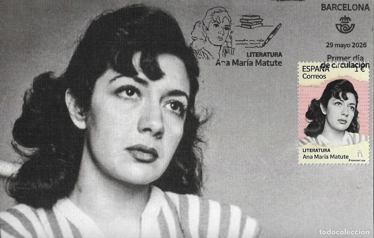 Sellos: ESPA&Ntilde;A. TARJETA MAXIMA PRIMER DIA. ANA MARIA MATUTE. BARCELONA. 2026
