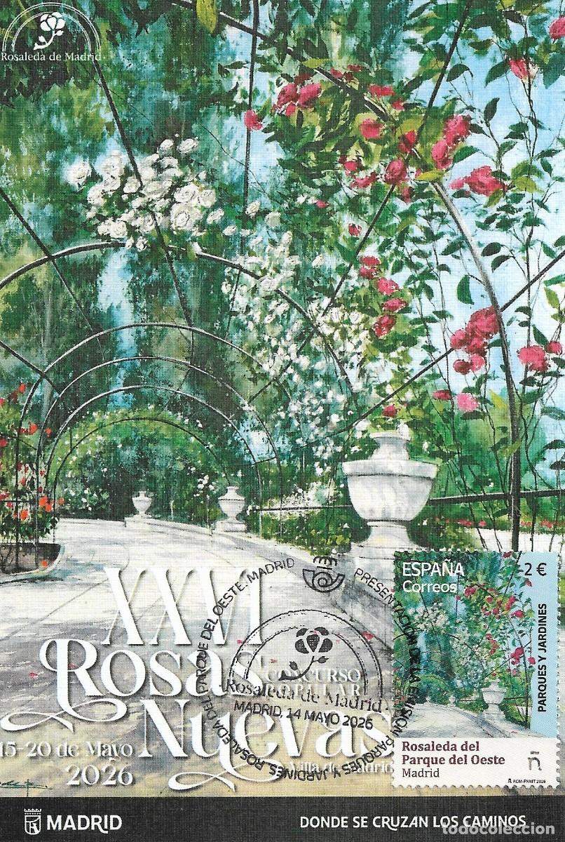 Timbres: ESPA&Ntilde;A. TARJETA MAXIMA PRIMER DIA. ROSALEDA DEL PARQUE DEL OESTE. MADRID. 2026