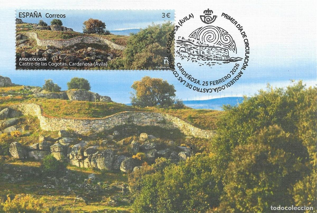 Sellos: ESPA&Ntilde;A. TARJETA MAXIMA PRIMER DIA. CASTRO DE LAS COGOTAS. ARQUEOLOGIA. CARDE&Ntilde;OSA. 2026