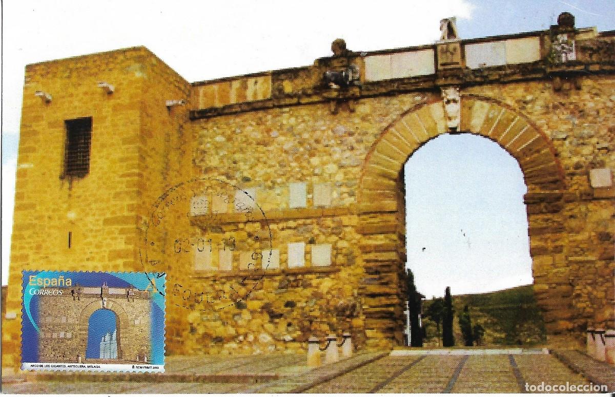Sellos: ESPA&Ntilde;A. TARJETA MAXIMA PRIMER DIA. ARCO DE LOS GIGANTES. ANTEQUERA. 2013