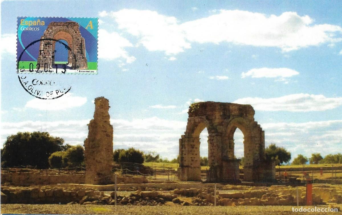 Sellos: ESPA&Ntilde;A. TARJETA MAXIMA PRIMER DIA. ARCO ROMANO DE CAPARRA. 2013