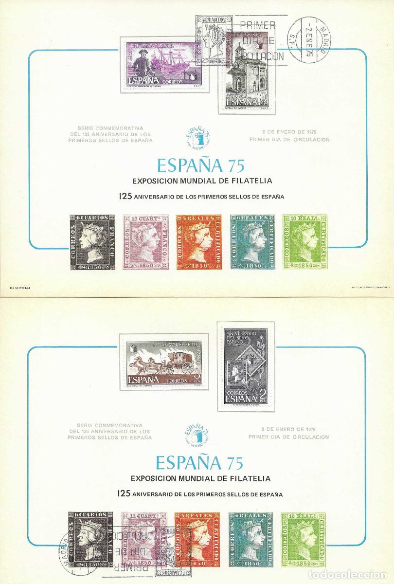 Sellos: 125 ANIVERSARIO DEL SELLO ESPA&Ntilde;OL 1975 (EDIFIL 2232/35) EN DOS TARJETAS MAXIMAS PRIMER DIA OFFO WXZ