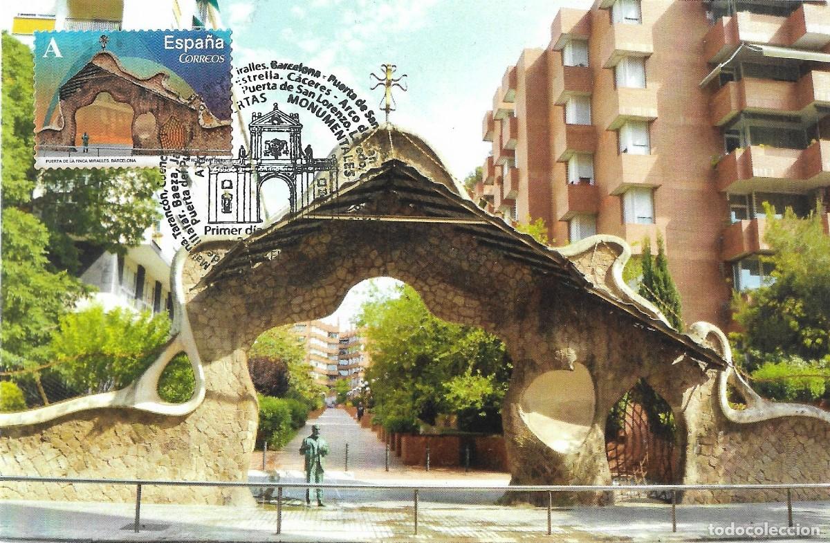 Sellos: ESPA&Ntilde;A. TARJETA MAXIMA PRIMER DIA. PUERTA FINCA MIRALLES. GAUDI. BARCELONA. 2014