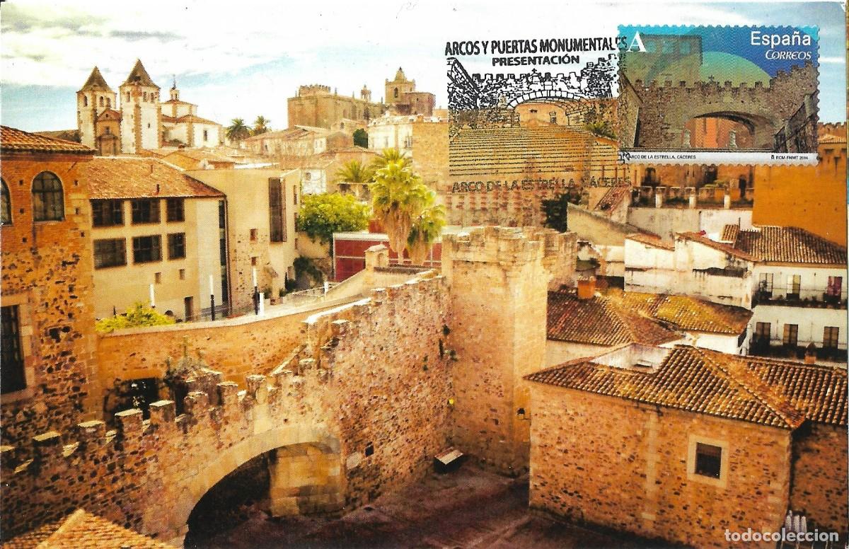 Sellos: ESPA&Ntilde;A. TARJETA MAXIMA PRIMER DIA. ARCO DE LA ESTRELLA. CACERES. 2014