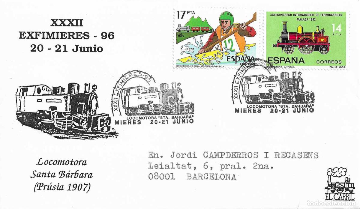 Sellos: TRENES LOCOMOTORA SANTA BARBARA EXFIMIERES, MIERES (ASTURIAS) 1996. MATASELLOS FERROCARRIL VER DORSO