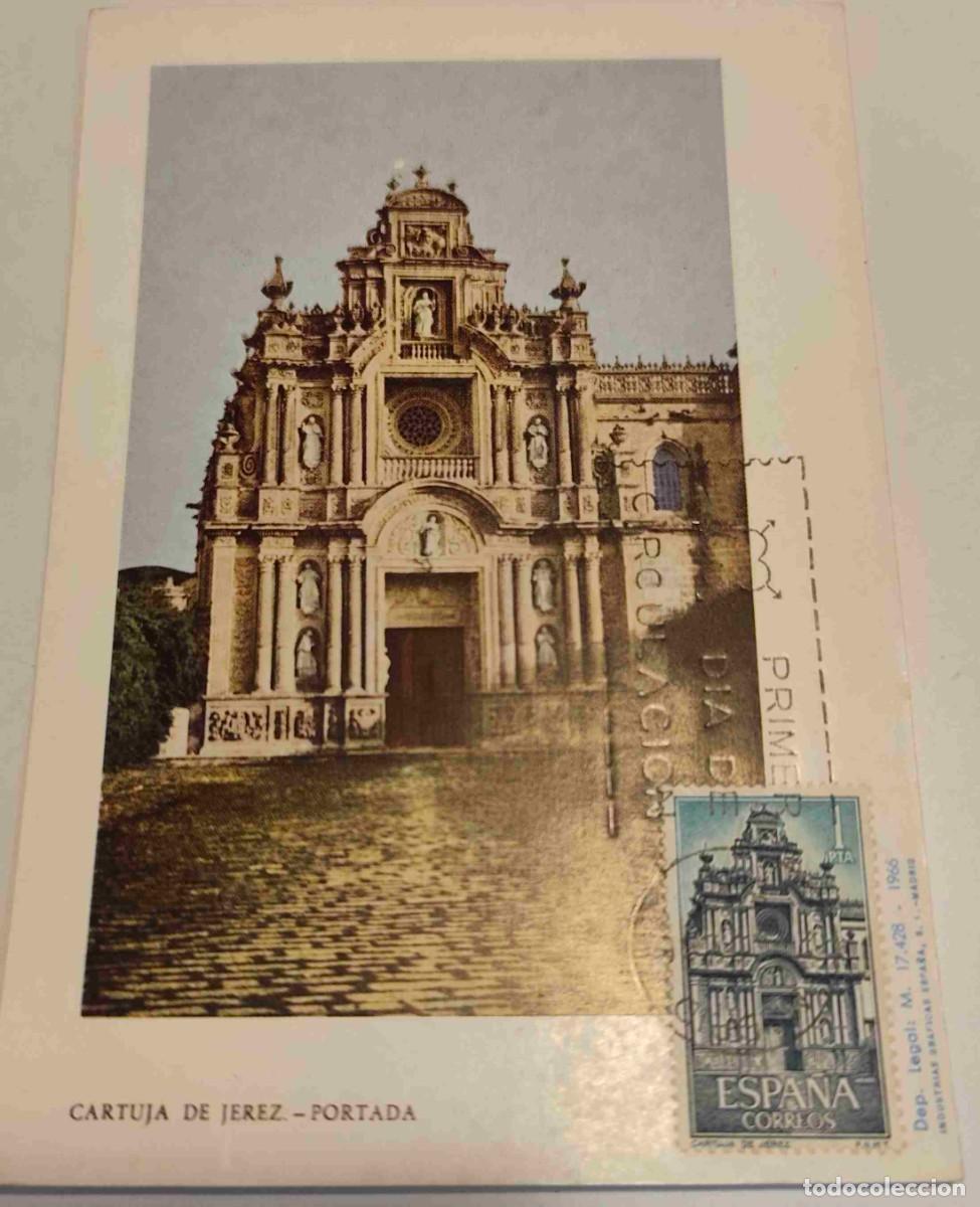 Sellos: TARJETA MAXIMA CARTUJA DE JEREZ - PORTADA - 1966 - RODILLO PRIMER DIA DE CIRCULACION - CARTULINA