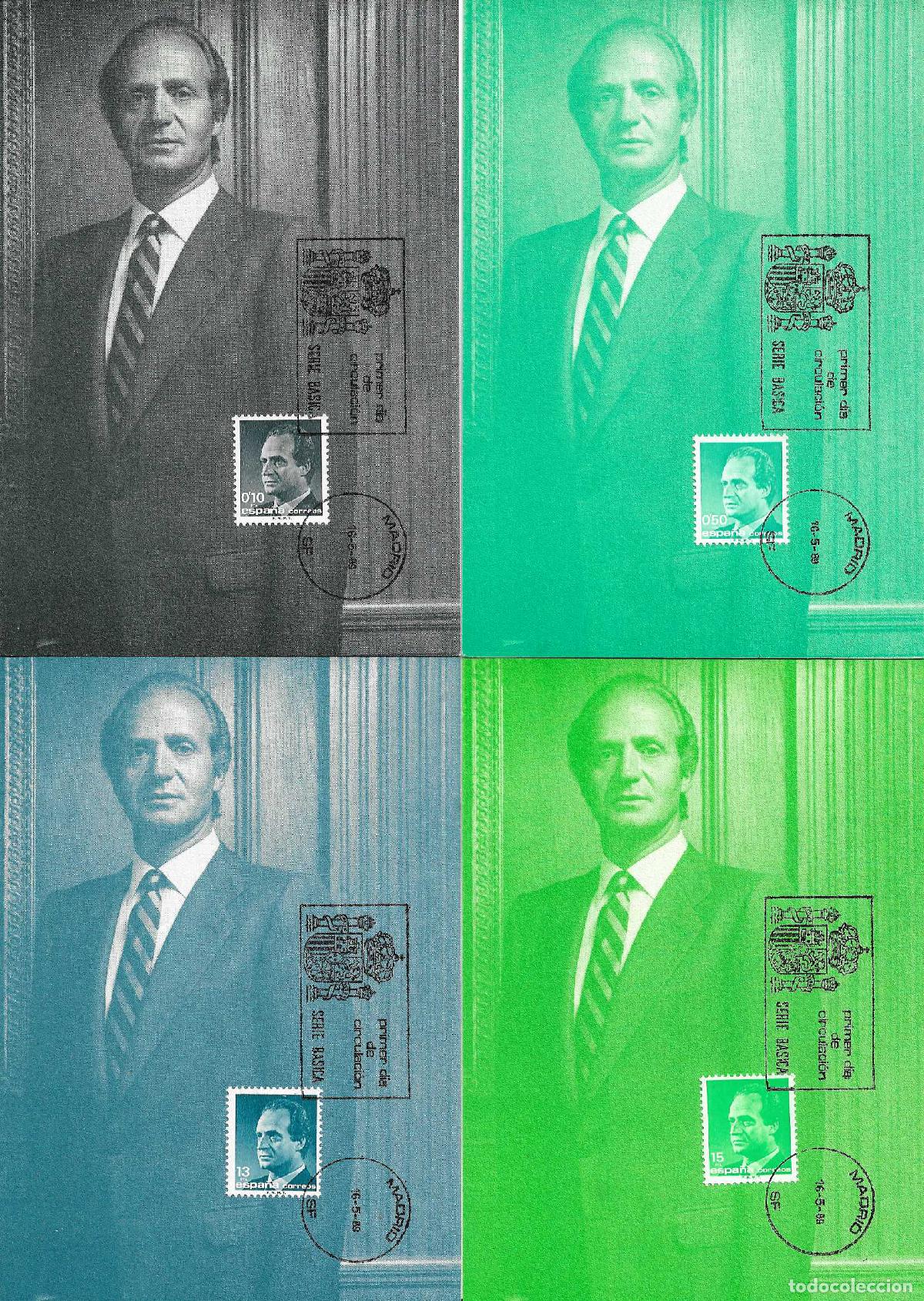 Sellos: SM REY DON JUAN CARLOS I 1989 (EDIFIL 3001/04) EN CUATRO TARJETAS MAXIMAS PRIMER DIA MOD 2 RARO VER