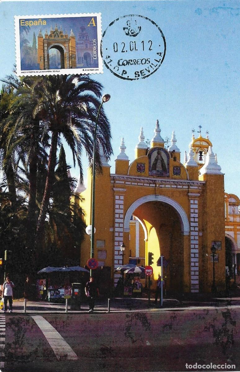 Sellos: ESPA&Ntilde;A. TARJETA MAXIMA PRIMER DIA. PUERTA DE LA MACARENA. SEVILLA. 2012