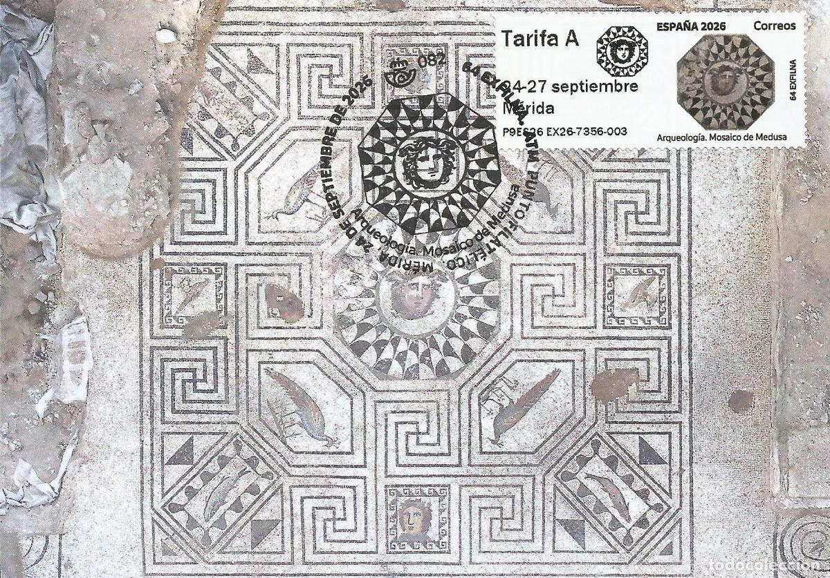 Sellos: Espa&ntilde;a Tarjeta M&aacute;xima 2026 P.D.C. con Sello Atm Mosaico Medusa. EXFILNA 2026 M&eacute;rida