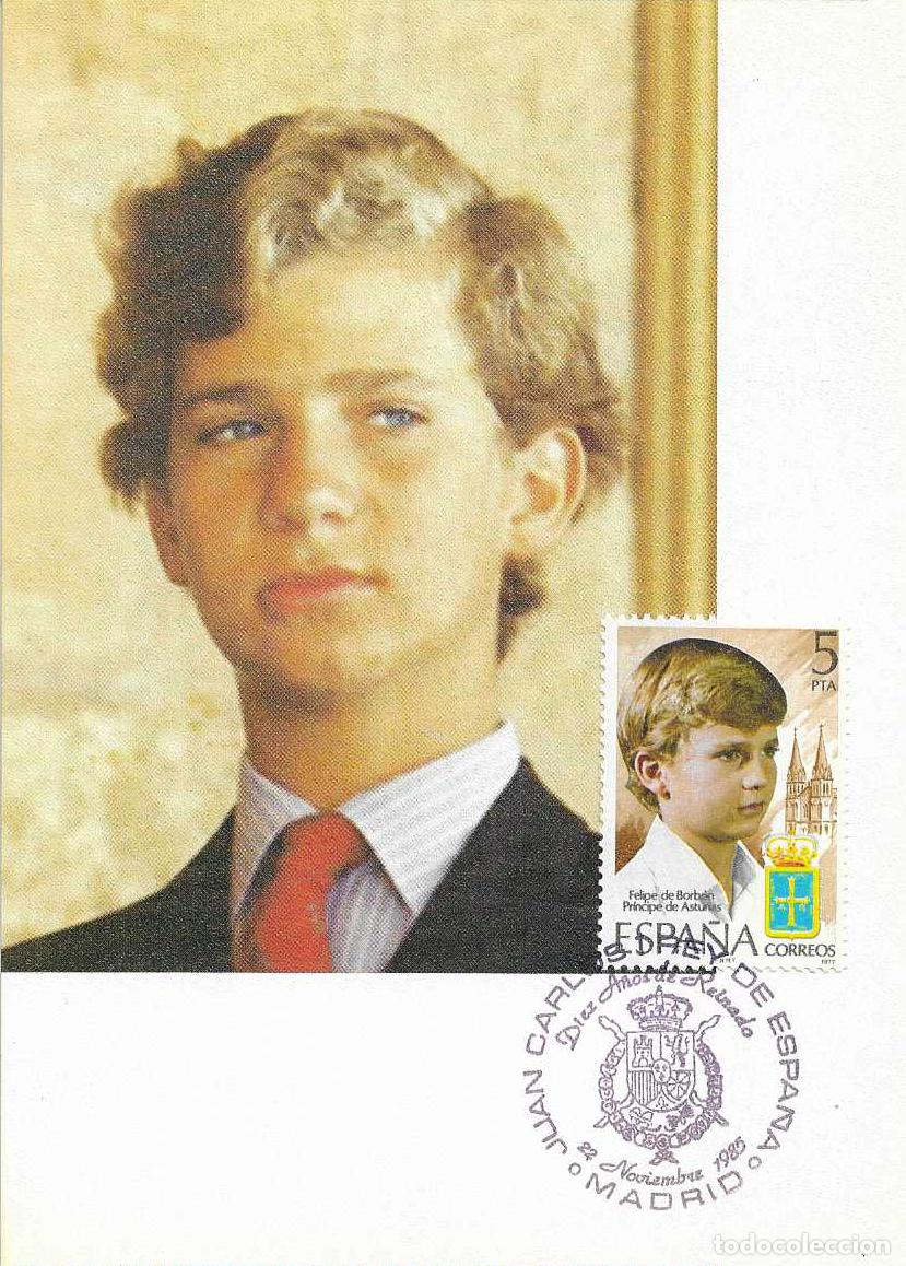 Sellos: FELIPE DE BORBON PRINCIPE DE ASTURIAS 1977 (EDIFIL 2449) EN TARJETA MAXIMA REINADO MADRID 1985 RARO