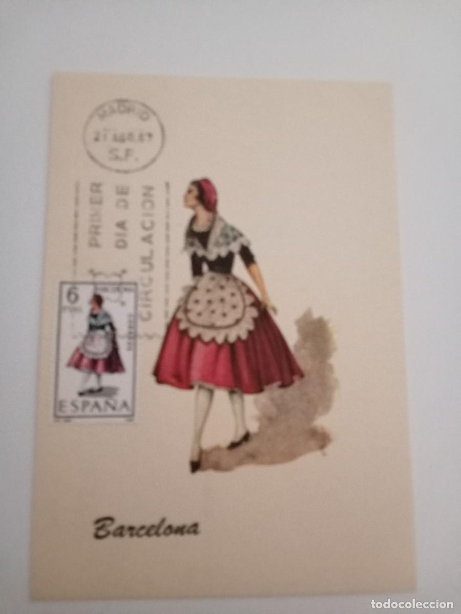Sellos: TARJETA M&Aacute;XIMA, A&Ntilde;O 1967, PRIMER D&Iacute;A DE CIRCULACI&Oacute;N, BARCELONA, TRAJE REGIONAL, NUEVA, SIN CIRCULAR.