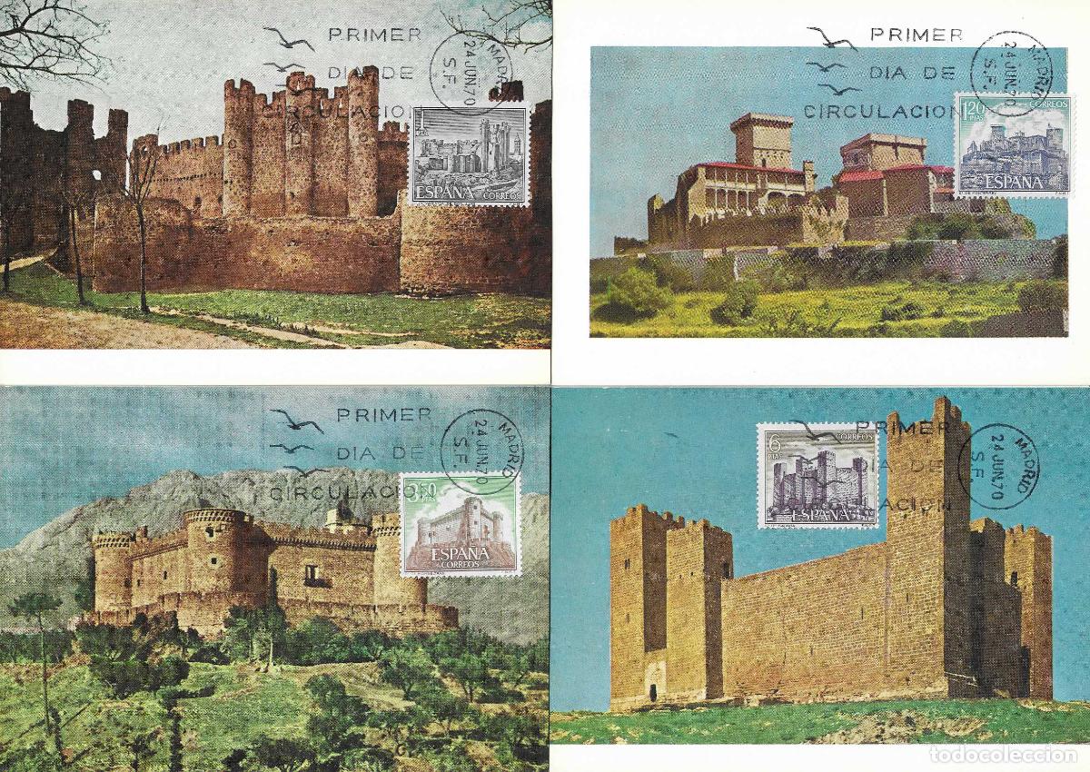 Sellos: CASTILLOS DE ESPA&Ntilde;A 1970 (EDIFIL 1977/81) EN CINCO TARJETAS MAXIMAS PRIMER DIA MATASELLOS MADRID MPM