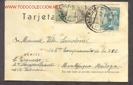 Sellos: TARJETA DE VALENCIA A MONTEJAQUE (MALAGA) - Foto 1