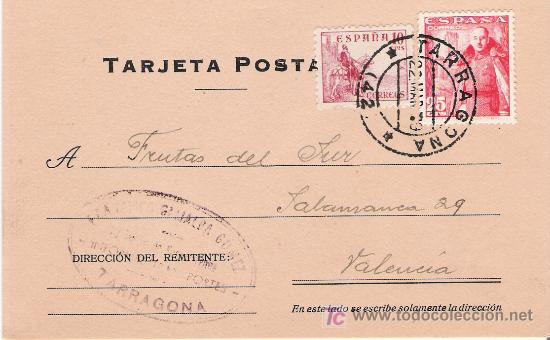 Sellos: Tarjeta postal circulada de Tarragona a Valencia. - Foto 1