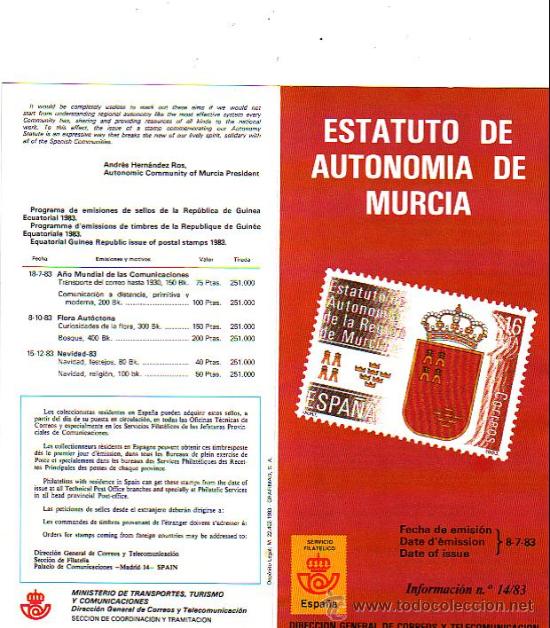 Estatuto Autonomia De Murcia Informacion 14 83 Buy Spain Cards At Todocoleccion 15455582