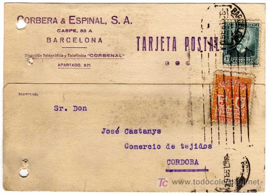 Sellos: TARJETA POSTAL COMERCIAL - CORBERA & ESPINAL - BARCELONA - Foto 1