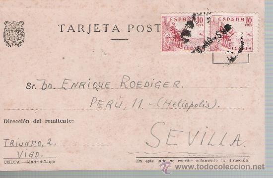 Sellos: Tarjeta Postal de Vigo a Sevilla. 1945. - Foto 1
