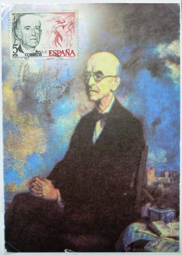 Sellos: TARJETA  HOMENAJE A MANUEL DE FALLA. MATASELLO CADIZ 1987. - Foto 1