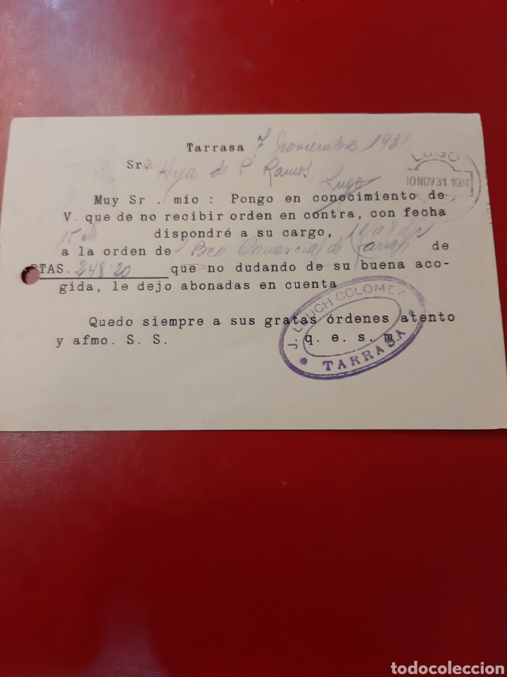 Sellos: 1931Tarrsa J.Lluch Colomer matasello de Lugo - Foto 2