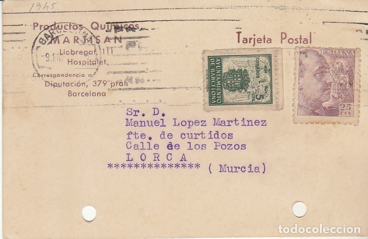 Sellos: T.P.: BARCELONA a LORCA (MURCIA). 1945. - Foto 1