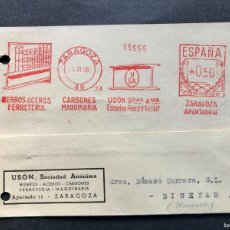 Sellos: TARJETA COMERCIAL / FRANQUICIA - HIERROS ACEROS USÓN / ZARAGOZA AÑO 1956