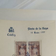 Sellos: TARJETA PRIMER DIA 1937 FIESTA DE LA RAZA. CÁDIZ SOBRECARGADO MATASELLOS CÁDIZ
