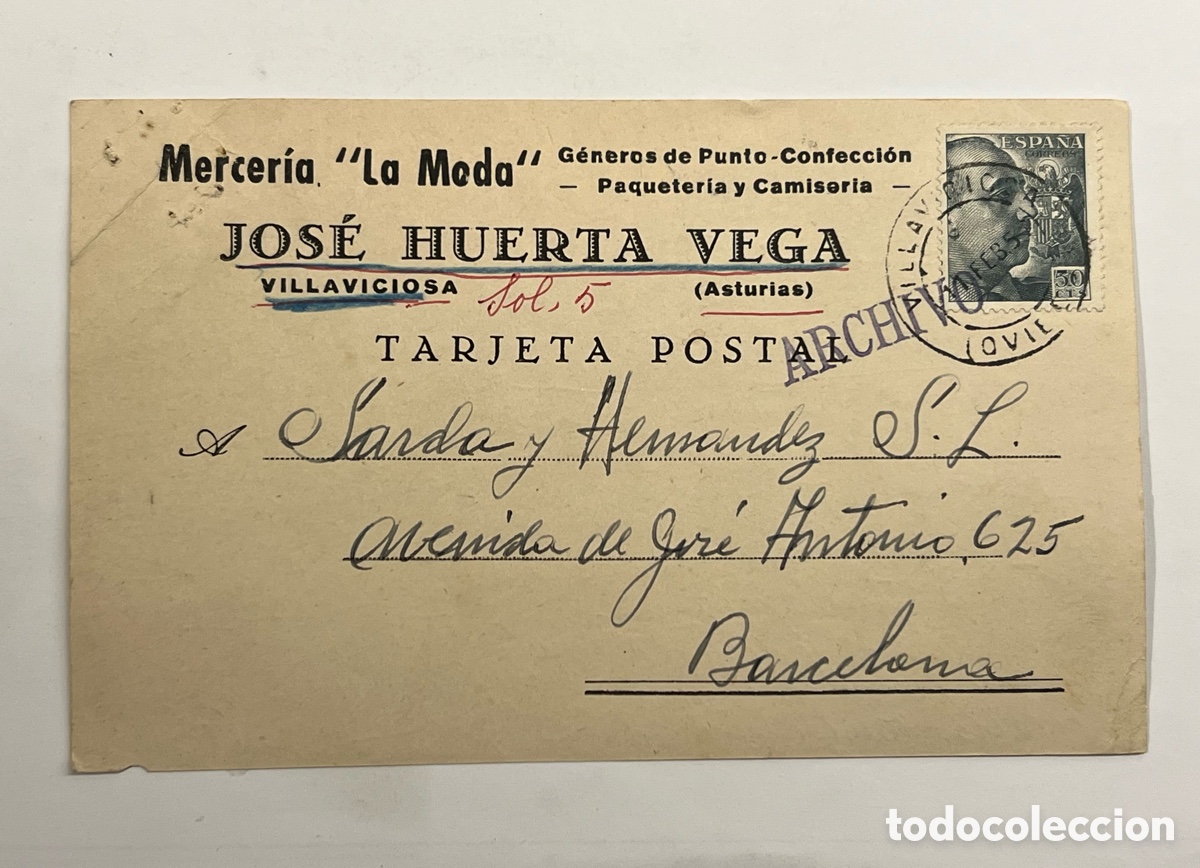 Sellos: TARJETA POSTAL VILLAVICIOSA, Mercer&iacute;a La Moda, solicitud de una Mantilla Blanca.. (a.1957)