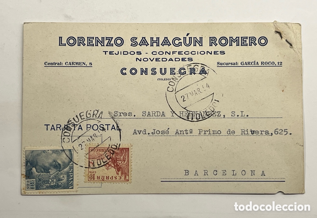 Sellos: CONSUEGRA, Tarjeta Lorenzo Sahagun. Tejidos.. env&iacute;o de 6 velos de Tul, circulada a Barcelona..
