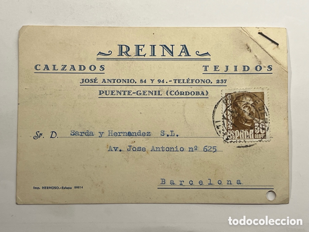 Sellos: PUENTE GENIL, C&oacute;rdoba. Tejidos Reina.. Tarjeta comercial devoluci&oacute;n de unos velos.. (a.1957)
