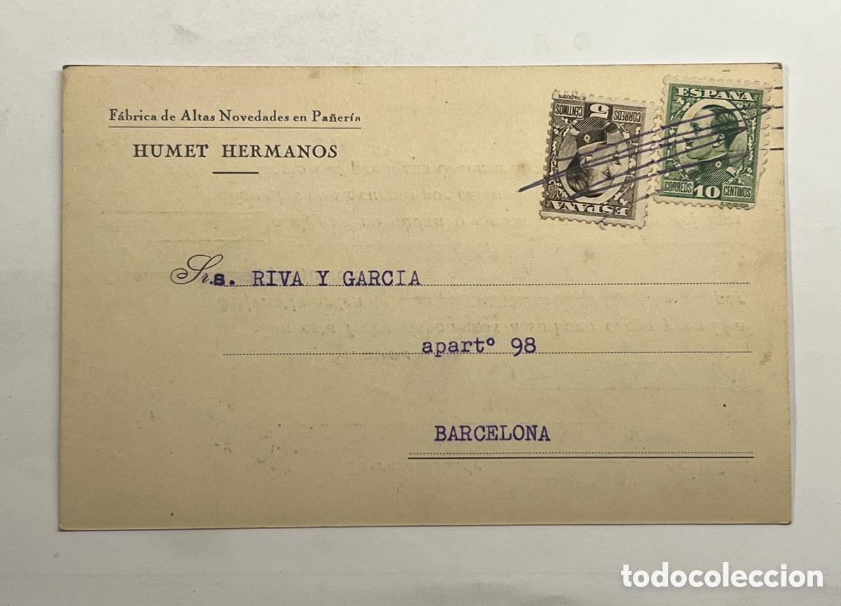 Sellos: BARCELONA. F&aacute;brica de Altas Novedades en Pa&ntilde;er&iacute;a HUMET HERMANOS. Tarjeta comercial (a.1931)
