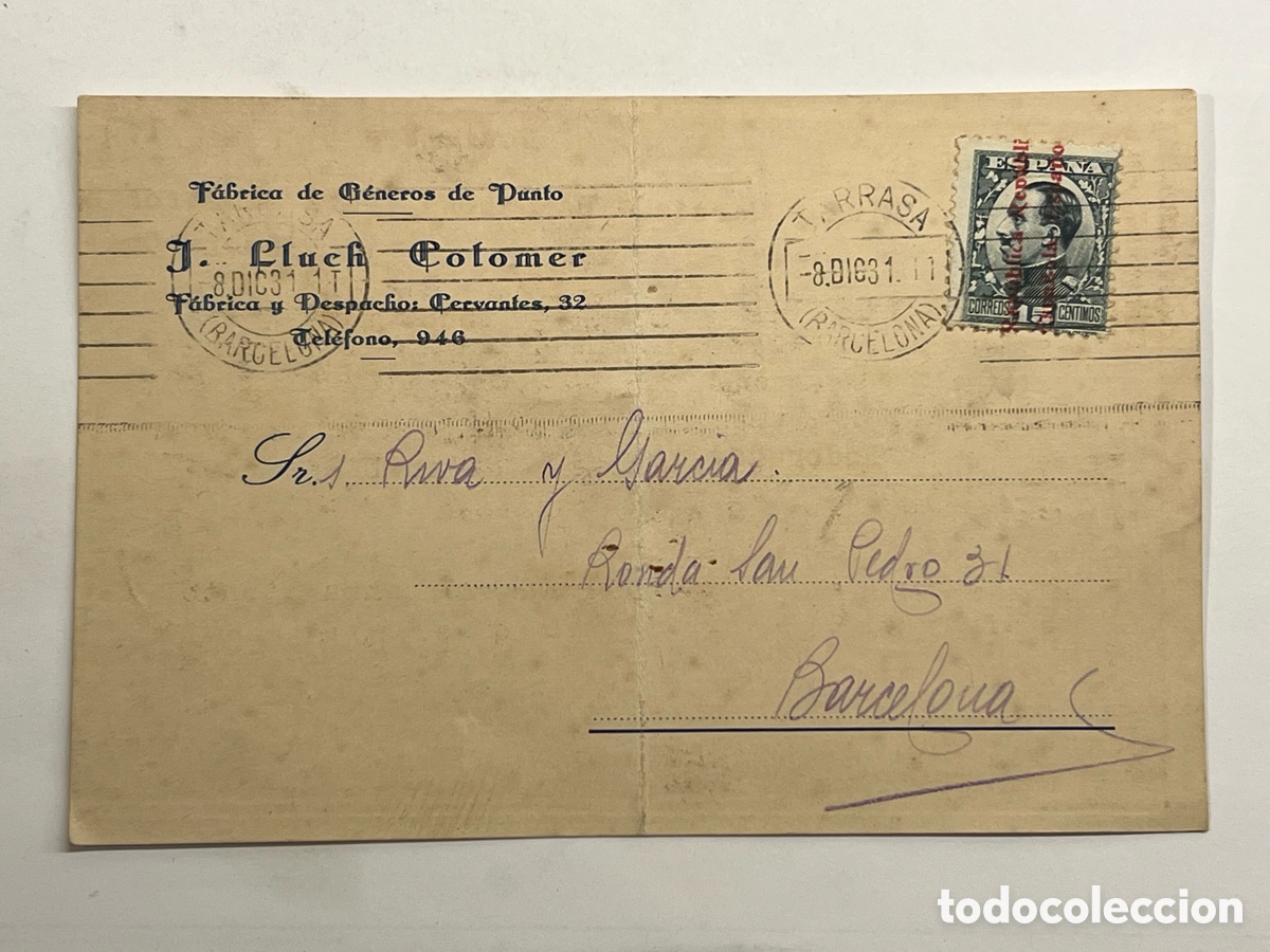 Sellos: TARRASA. F&aacute;brica de G&eacute;neros de Punto J. Lluch Colomer. Tarjeta comercial (a.1931)