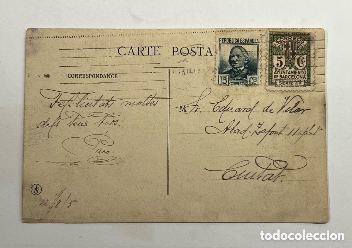 Sellos: BARCELONA. Tarjeta Postal franqueo de la Rep&uacute;blica y la ciudad de Barcelona (a.1905)