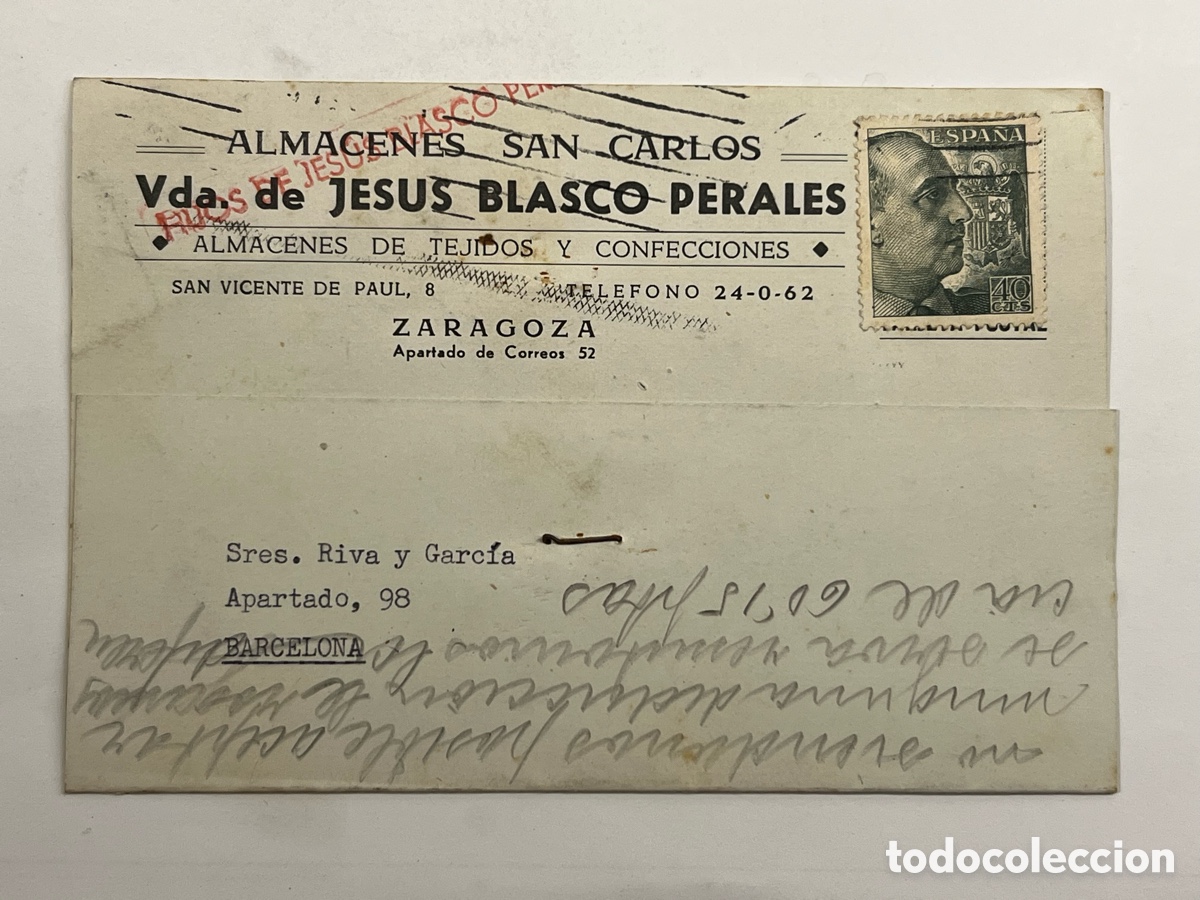 Sellos: ZARAGOZA. Almacenes San Carlos.. Tarjeta Postal. Respuesta comercial. Circulada a Barcelona (a.1954)